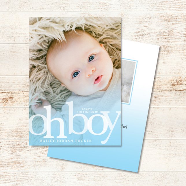 Faire-part OH GARÇON couverture bleue Photo moderne Naissance (OH BOY Modern Blue Baby Boy Birth Announcement)
