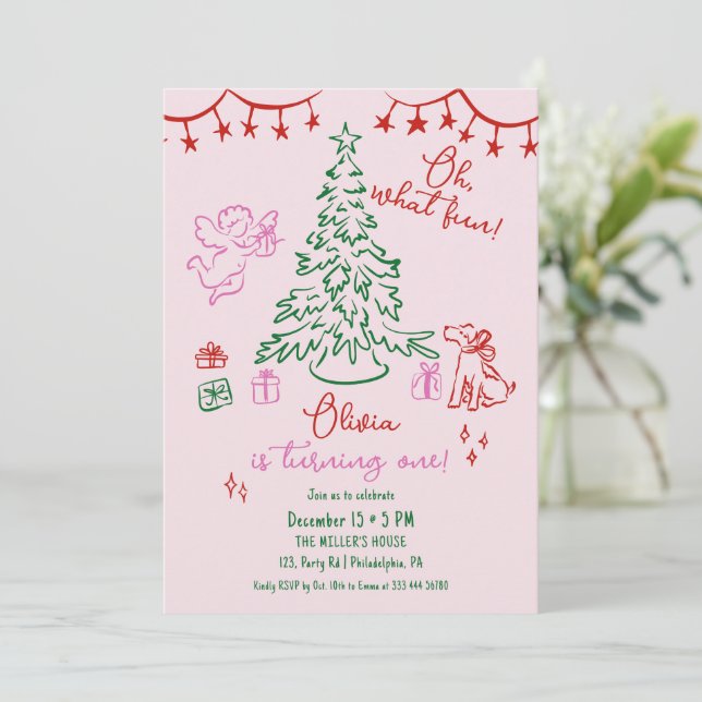 Faire-part Oh What Fun whimsical Christmas tree 1st birthday (Debout devant)