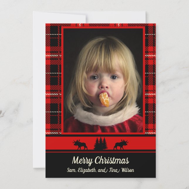 Faire-part Oie dans les Bois Rouge Plaid Photo Noël (Devant)