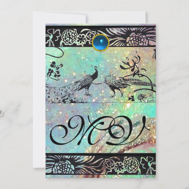 Faire-part OISEAUX AMOUREUX MONOGRAMME mariage noir vert bleu (Devant)