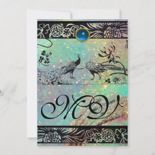 Faire-part OISEAUX AMOUREUX MONOGRAMME mariage noir vert bleu