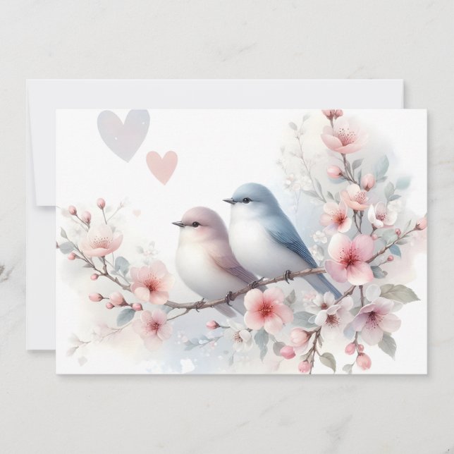 Faire-part Oiseaux de l'amour romantique Branche de fleurs de (Devant)