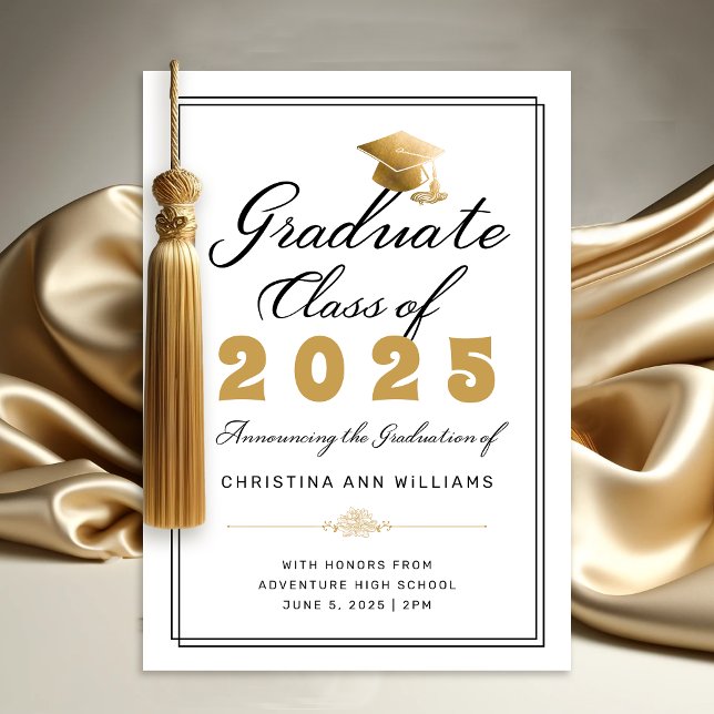 Faire-part Or Blanc Élégant Noir Diplômé Promotion 2025 (Elegant White Gold Script Graduation Announcement)