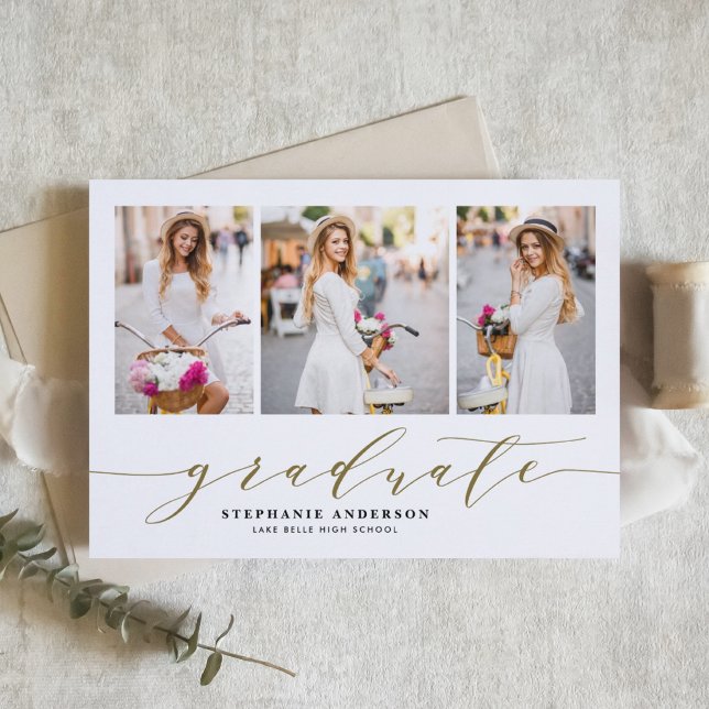 Faire-part Or Dainty Script Trois Photo Remise des diplômes (Customizable photo collage graduation announcement featuring whimsical script. )