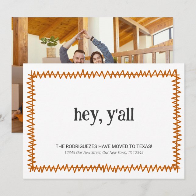 Faire-part Orange Brûlé Hey Y'all - Déménagé au Texas (Devant / Derrière)