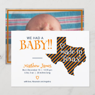 Faire-part Orange/Navy striped Fabriqué au Texas Photo Baby