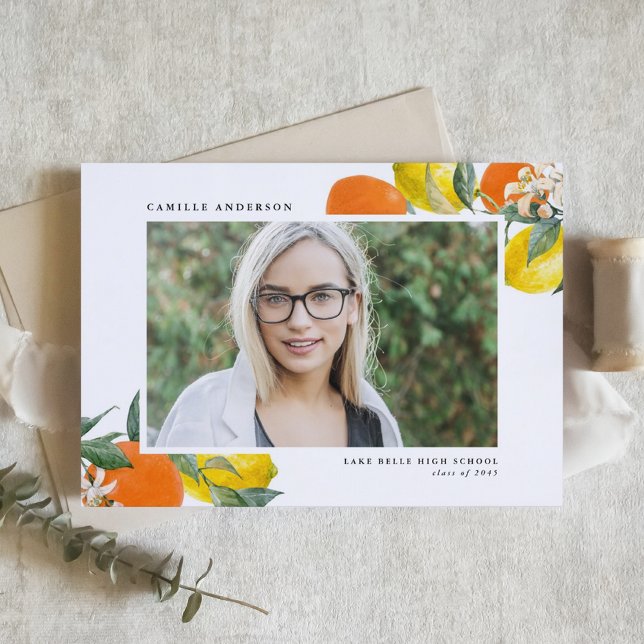 Faire-part Oranges botaniques et citrons - Diplôme photo (Botanical Oranges and Lemons Photo Graduation Announcement)