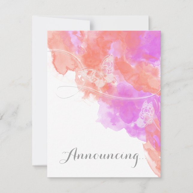Faire-part Orchidée corail Aquarelle Papillon Fiançailles Ann (Devant)