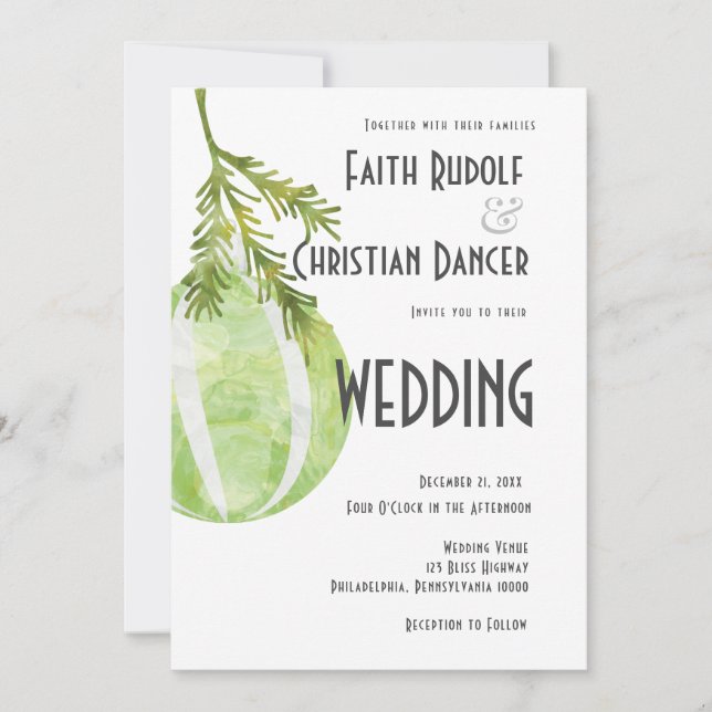 Faire-part Ornement de Noël Moderne Vert Rayé  Mariage (Devant)