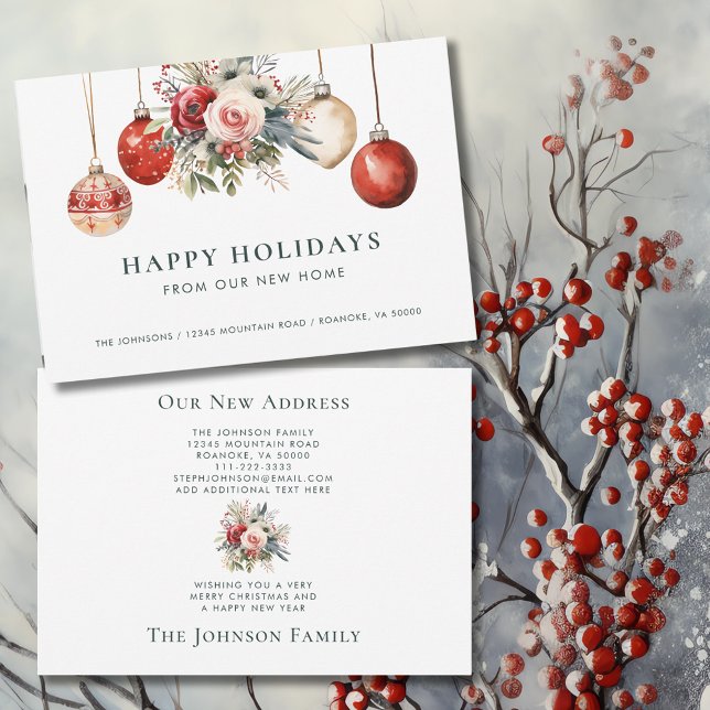 Faire-part Ornements de Noël Fête Florale Nouvelle Maison (Christmas Ornaments Holiday Floral New Home Announcement Flat Card with Envelope)