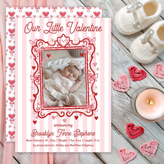 Faire-part Our Little Valentine Photo Birth Announcement (Our Little Valentine Photo Hearts | Coquette Bows Birth Announcement -- Print | Digital Download)