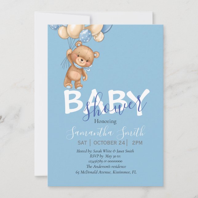 Faire-part Ours en peluche, bleu Ballons Baby shower Invitati (Devant)