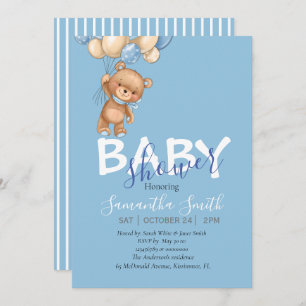 Faire-part Ours en peluche, bleu Ballons Baby shower Invitati