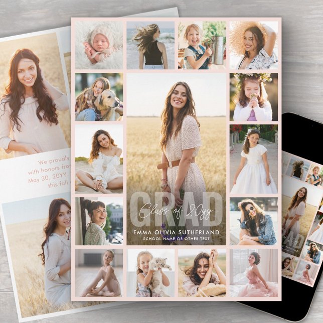 Faire-part Oversized Photo Collage Blush Pink Graduation (Créateur téléchargé)