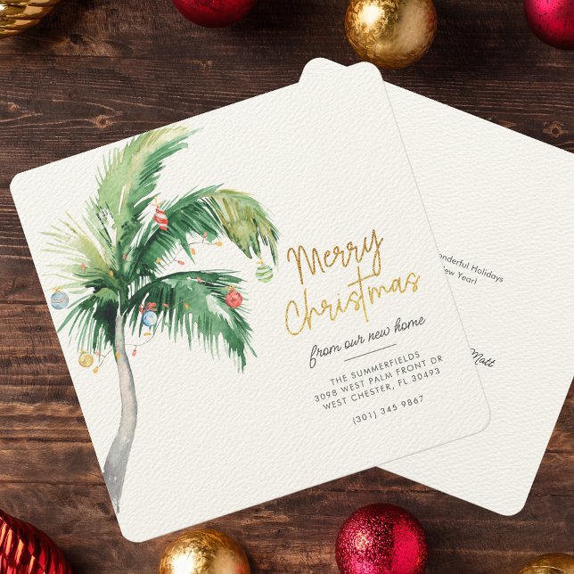 Faire-part Palm Tree Joyeux Noël De Notre Nouvelle Maison (Christmas Holiday Coastal Moving Palm Tree Announcement Luxury Card)