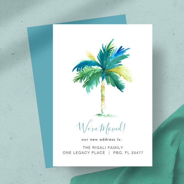 Faire-part Palmier à l'aquarelle tropicale Changement d'adres (New home moving announcements feature watercolor palm tree art by Victoria Grigaliunas DoTellABelle)