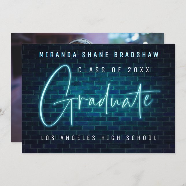 Faire-part Panneau de néon Bleu Graduate Photo Backer Faire-p (Devant / Derrière)