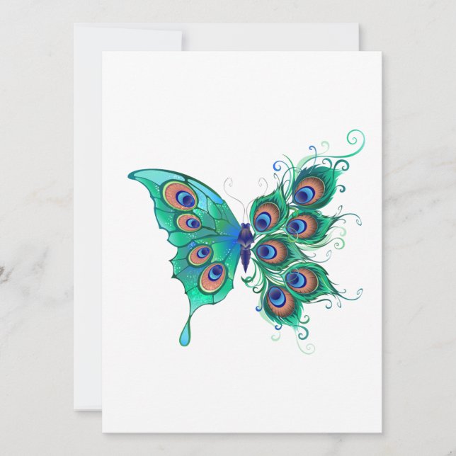 Faire-part Papillon aux plumes de paon vert (Devant)