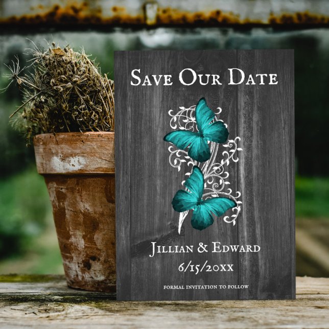 Faire-part Papillon Rustique turquoise Enregistrer La Date An (Teal Rustic Butterfly Save the Date)