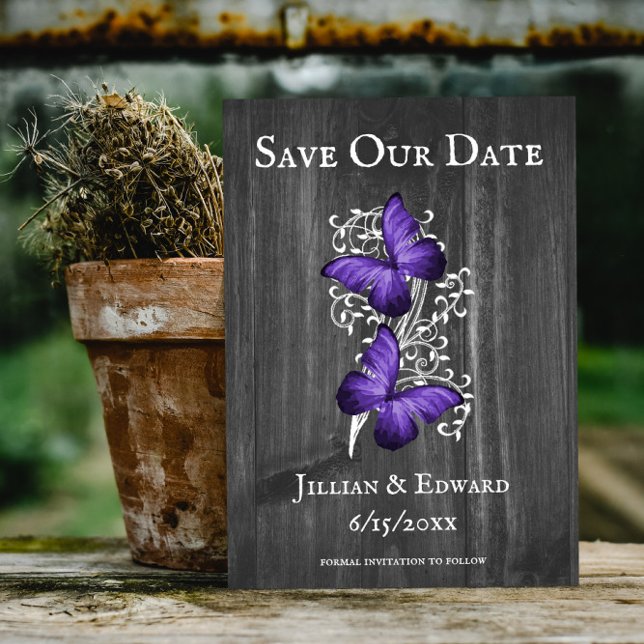 Faire-part Papillon Rustique Violet Enregistrer La Date Annon (Purple Rustic Butterfly Save the Date)