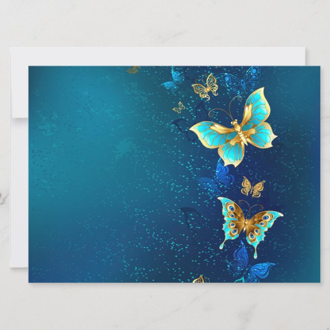 Faire-part Papillons d'or sur un Arrière - plan bleu (Devant)