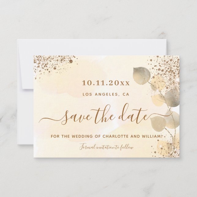 Faire-part Parties scintillant dorée Eucalyptus mariage enreg (Devant)