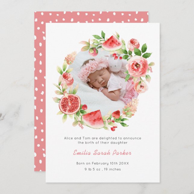 Faire-part Pastèque Rose Wreath | Elégante naissance florale (Devant / Derrière)