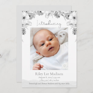 Faire-part Pêche photo bébé Gris moderne Floral