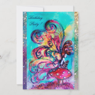 Faire-part PETIT ELFÉ DE CHAMPIGNONS, rose jaune bleu scintil