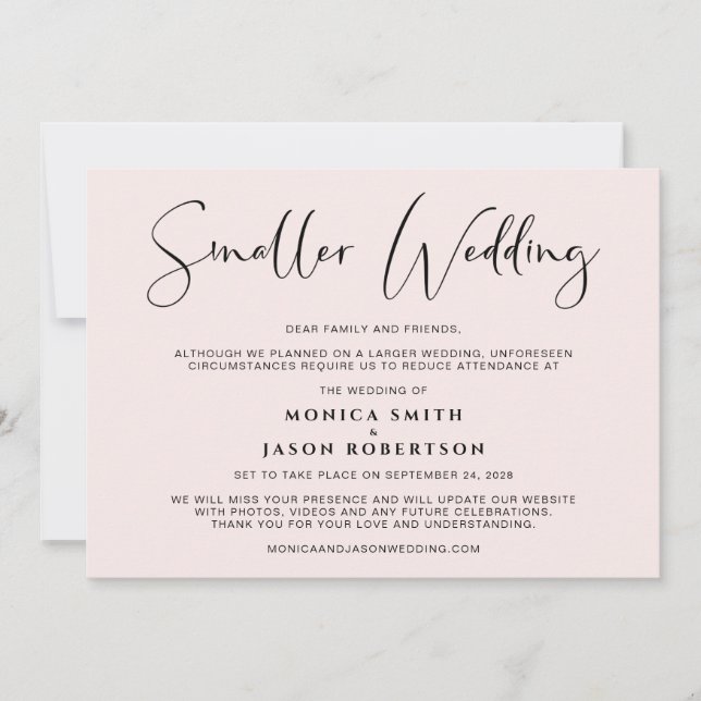 Faire-part Petit Mariage Réduit Élégant Chic Rose Pâle (Devant)