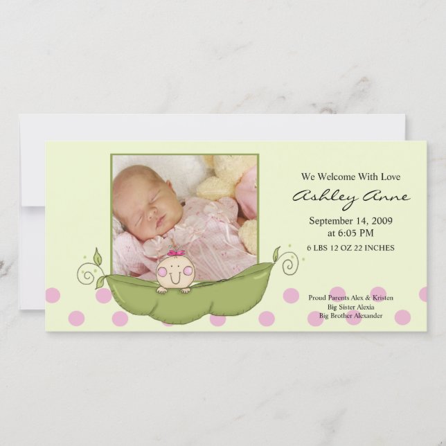 Faire-part Petit Pois doux bébé fille Annouement de naissance (Devant)