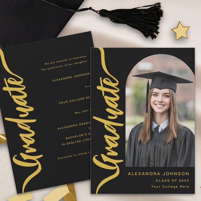 Faire-part Photo Arche de script moderne noir et or (Elegant black and gold script arch photo Graduation announcement card stylish modern custom design)