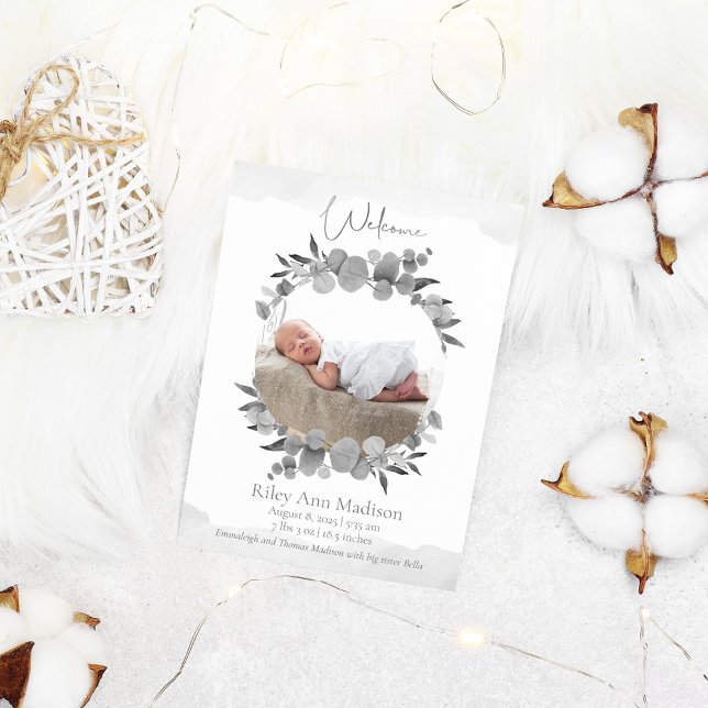 Faire-part Photo bébé Eucalyptus gris moderne (Créateur téléchargé)