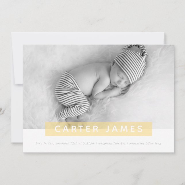 Faire-part PHOTO BÉBÉ MODERNE simple joli panneau jaune (Devant)