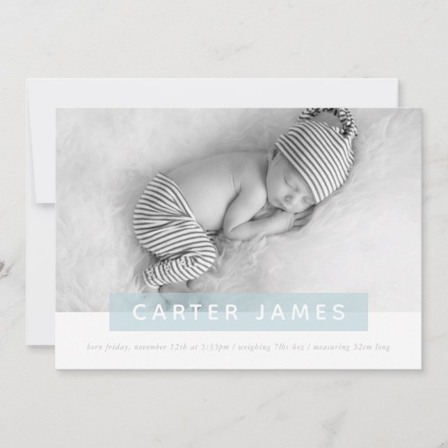 Faire-part PHOTO BÉBÉ MODERNE simple panneau bleu doux (Devant)
