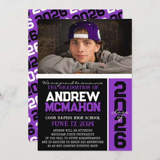 Faire-part photo Black & Purple Graduation ( Repeating Class Year 1 & 2 Photo Graduation Invitations & Announcements)