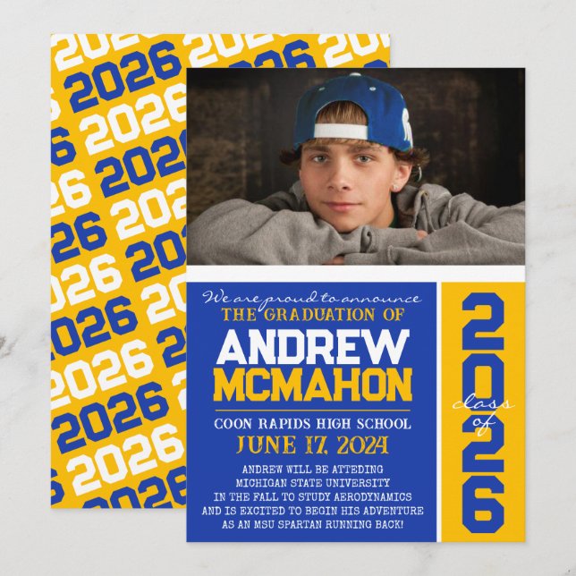 Faire-part photo Blue & Gold Modern Graduation (Devant / Derrière)