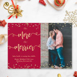 Faire-part Photo Christmas Pregnancy Announcement Cards<br><div class="desc">Gold Burgundy Photo Christmas Pregnancy Announcement Cards. Expecting parents! Modern gold swirly hand lettered typography script "the more the merrier" card to share your happy news with family and friends in the holiday season. Features above and the bottom gold confetti frame on burgundy background. You can personalize the design by...</div>