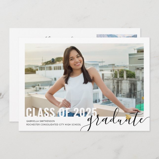 Faire-part Photo Collage Modern Script Graduation Open House (Devant / Derrière)