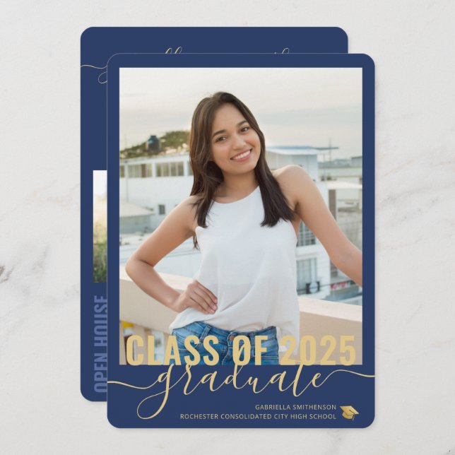 Faire-part Photo Collage Moderne Bleu Graduation Open House (Devant / Derrière)