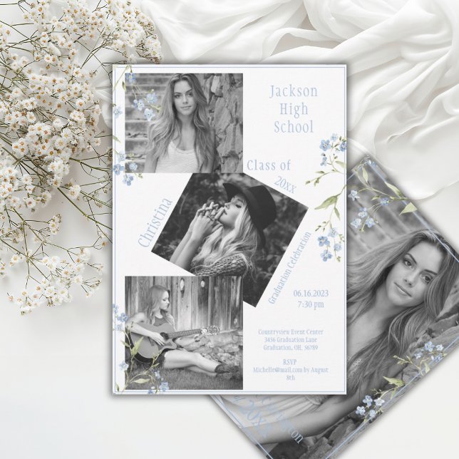 Faire-part Photo Collage Personalized Blue 4 Photo Graduation (Créateur téléchargé)