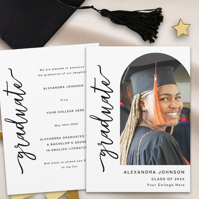Faire-part Photo d'arche élégante moderne (Modern elegant arch photo white and black script graduation announcement card)