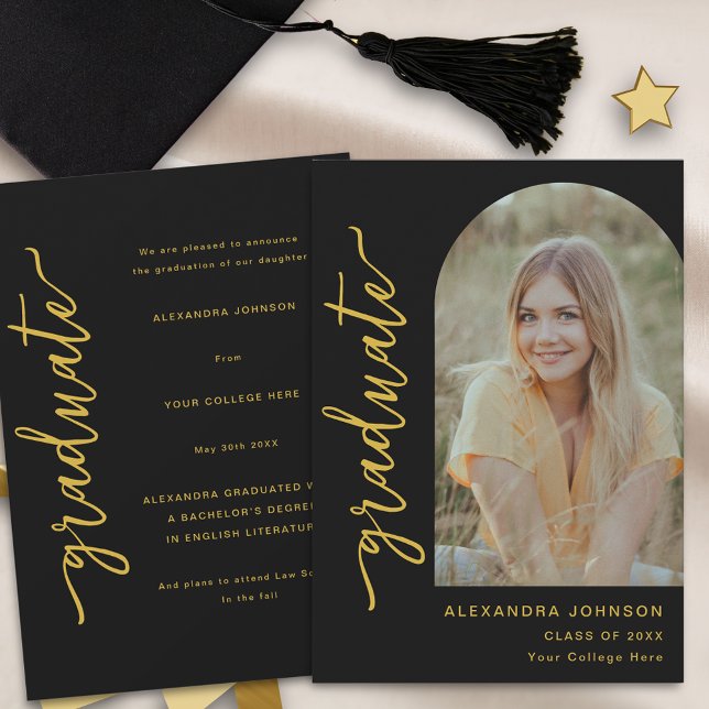 Faire-part Photo d'architecture moderne (Modern trendy black and gold script arch photo graduation announcement card)