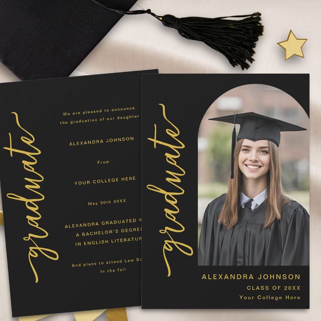 Faire-part Photo d'architecture moderne noir et or (Modern elegant arch photo graduation announcement card black and gold script minimalist)