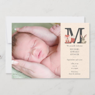 Faire-part Photo de bébé Animaux de la forêt Monogramme Naiss
