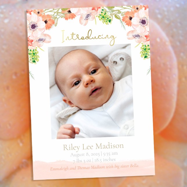 Faire-part Photo de bébé Fleurs de pêche Moderne Naissance (Créateur téléchargé)