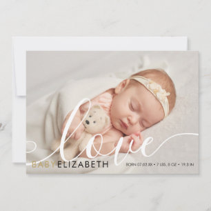 Faire-part Photo de bébé mignon écriture or amour coeurs nais