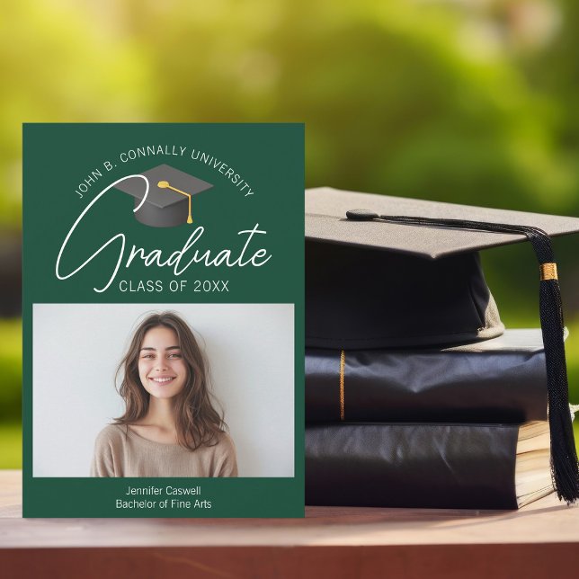 Faire-part Photo de diplômé chic vert foncé 2026 Diplômé (Créateur téléchargé)