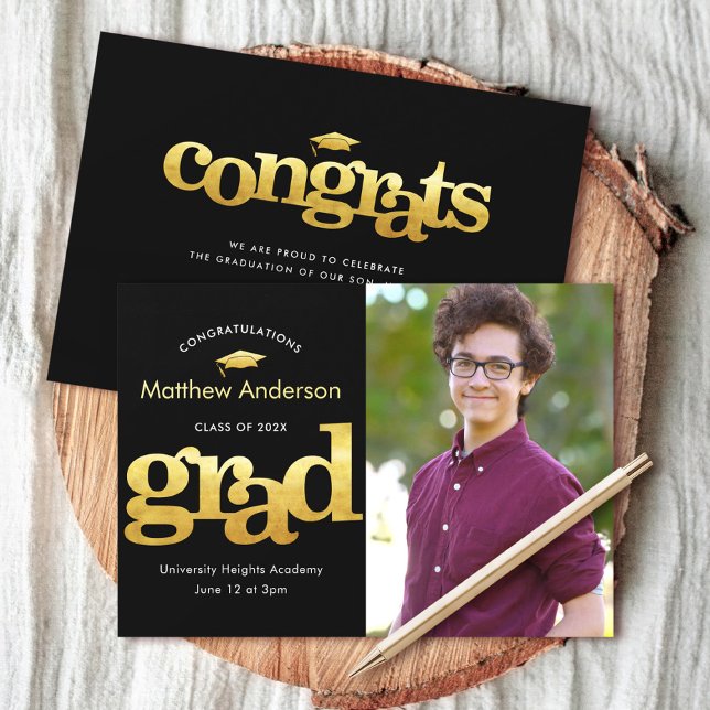 Faire-part Photo de diplôme noir or moderne audace graphique (Créateur téléchargé)