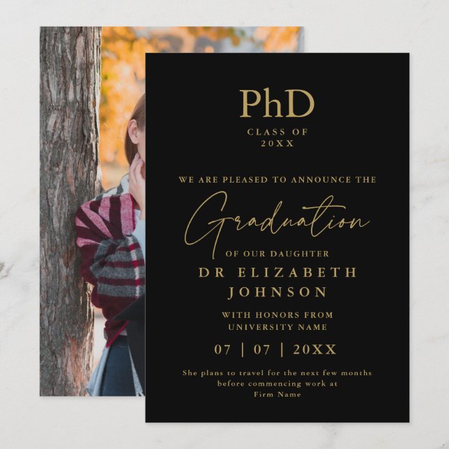 Faire-part photo de doctorat en noir et or (Devant / Derrière)